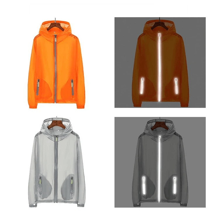 Versatile Lightweight Hiking Jacket SF2022 in orange and gray, featuring reflective strips, windproof and breathable for trekking.