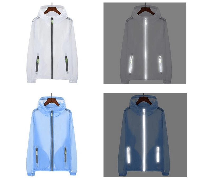 Reflective Versatile Lightweight Hiking Jackets SF2022 in white and blue, showcasing their windproof and quick-dry features for all-season trekking.