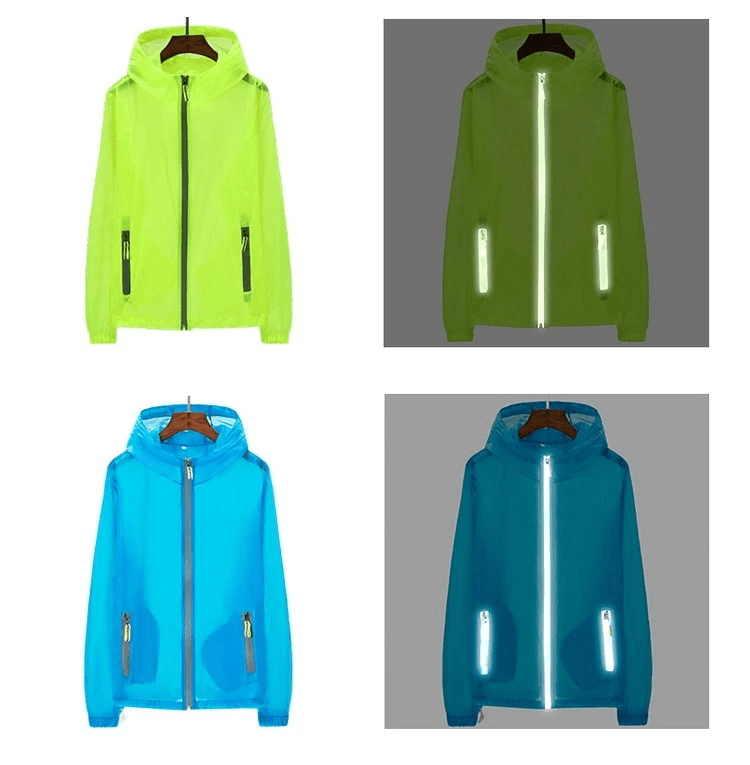 Bright green and blue lightweight hiking jackets with reflective strips, designed for trekking. Windproof, quick-dry, and breathable.