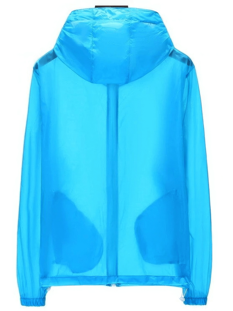 Blue lightweight windproof hiking jacket with hood, perfect for all seasons, featuring durable polyester and quick-dry technology.