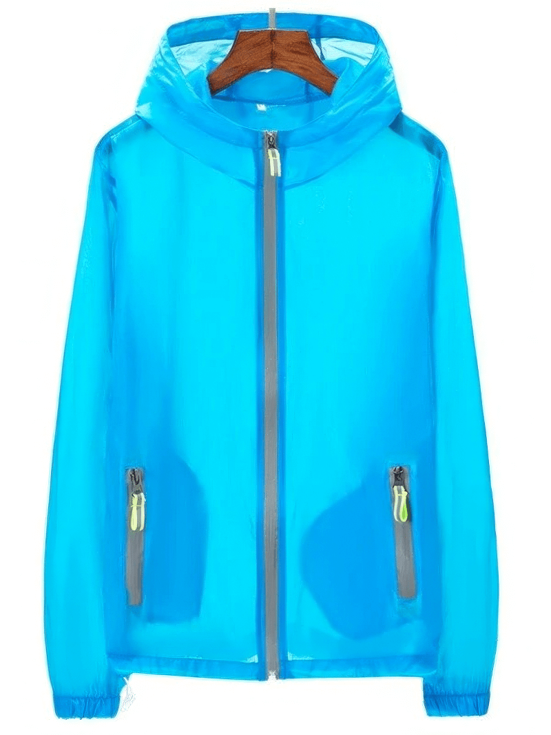 Lightweight blue windproof hiking jacket with hood, designed for trekking and camping. Features durable polyester lining and WindStopper technology.