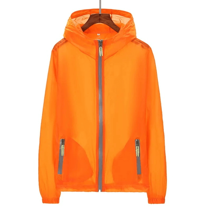 Versatile lightweight orange hiking jacket, windproof and quick-dry. Ideal for trekking adventures. Durable and breathable.