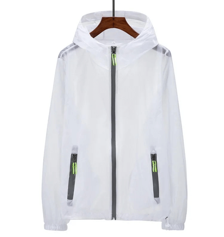 Versatile white lightweight hiking jacket SF2022 on hanger, windproof and quick-dry, perfect for trekking adventures.