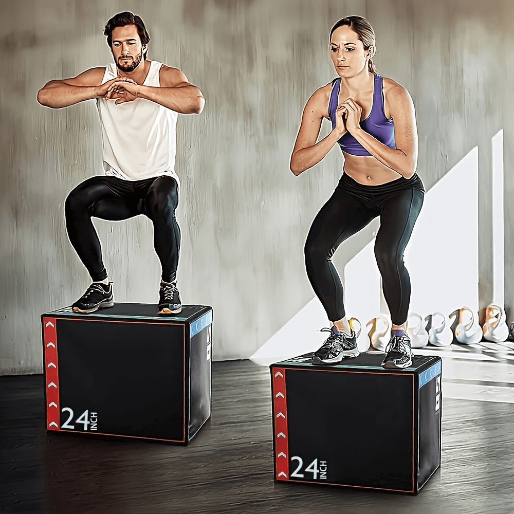 Two athletes performing jump drills on a 24-inch versatile training box, enhancing agility and explosiveness.