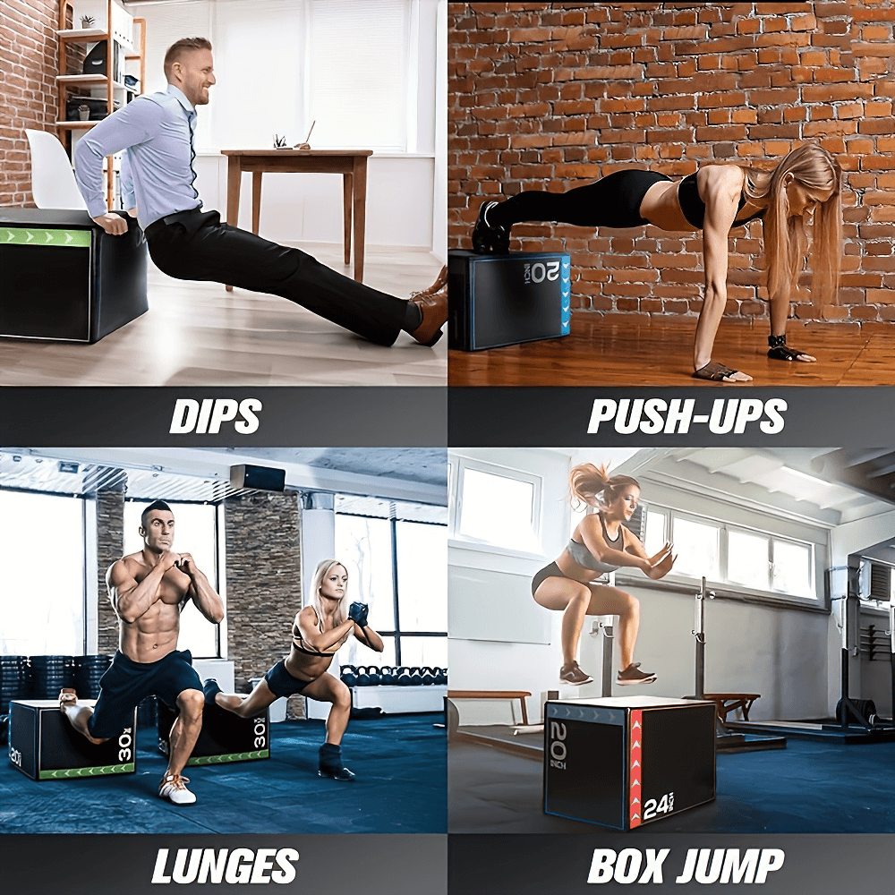 Athletes using versatile training box for dips, push-ups, lunges, and box jump exercises to enhance agility and speed.