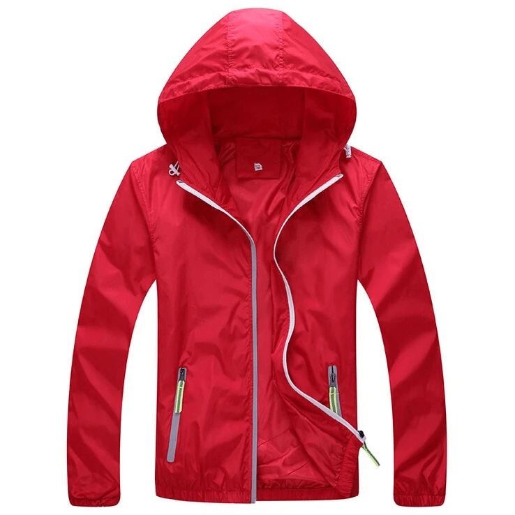 Red versatile unisex outdoor sports jacket SF2023, windproof and quick-dry, perfect for hiking, cycling, and camping adventures.