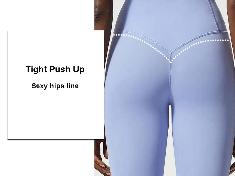 Tight Push Up leggings with sexy hip line design in blue, highlighting fit and comfort. Perfect for yoga, gym, dancing, and running.