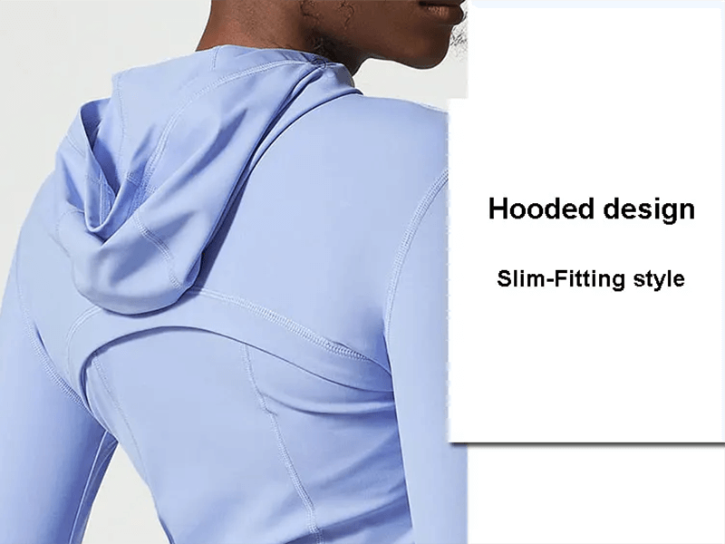 Back view of a person wearing a slim-fitting blue hooded activewear top. Text highlights "Hooded design" and "Slim-Fitting style."