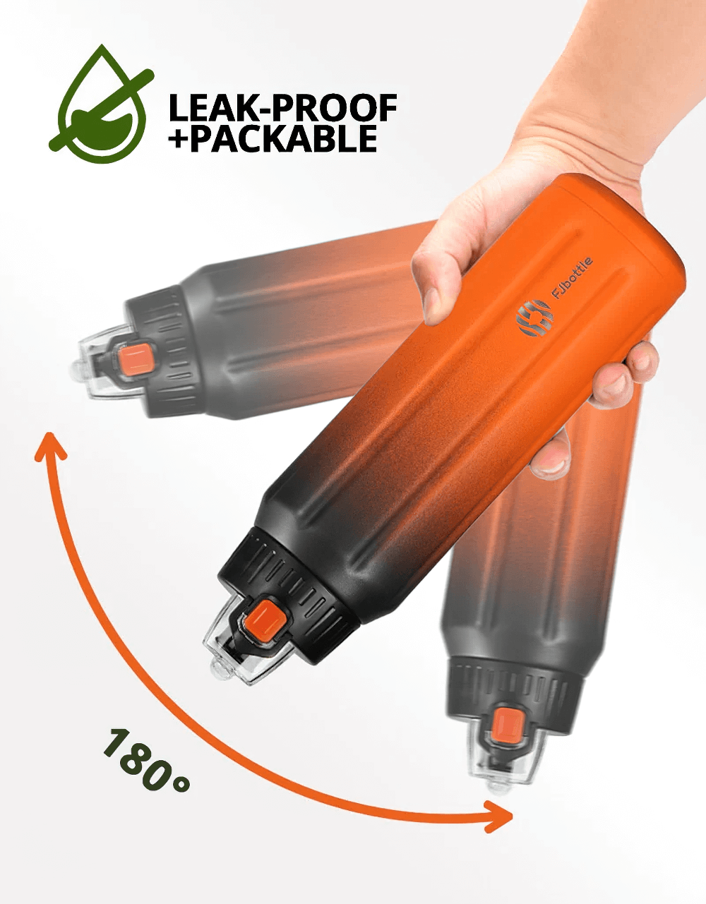 Hand holding orange leak-proof sports insulated flask, highlighted for packability, with rotating display angle. Perfect for active lifestyles.