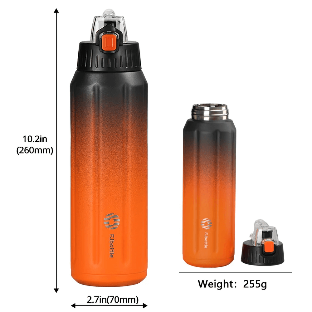 Vibrant orange 600ml insulated sports flask, leak-proof design, 18/10 stainless steel, perfect for athletes on the go.