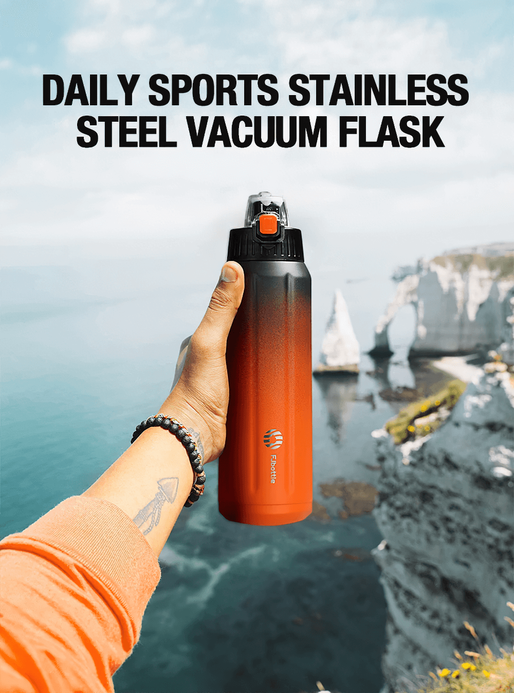Person holding a vibrant sports insulated flask with scenic ocean view background, perfect for active lifestyles.