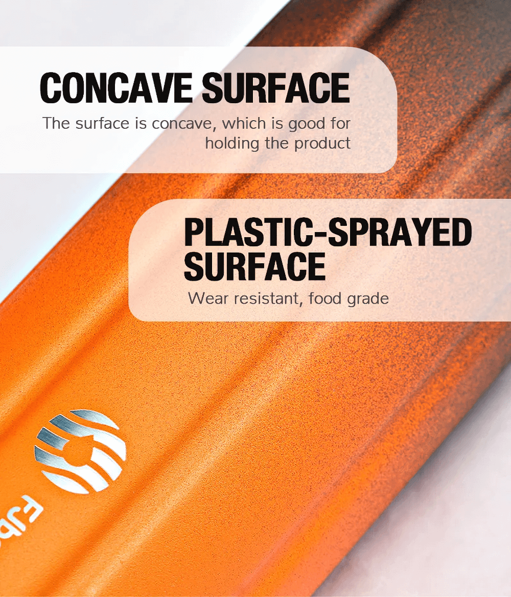 Close-up of an orange insulated flask with concave plastic-sprayed surface, highlighting its wear-resistant and food-grade features.