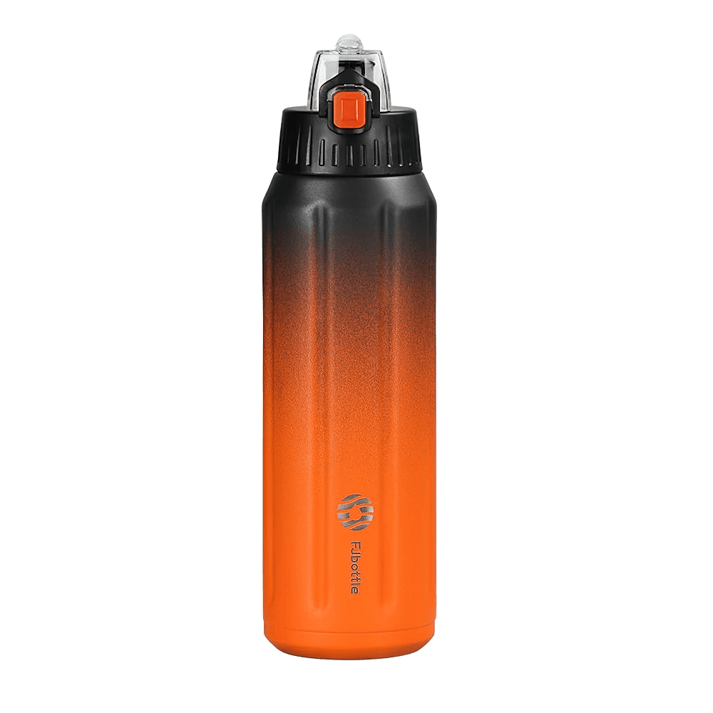 Vibrant 600ml sports insulated flask in orange gradient with leak-proof cap, perfect for active lifestyles and maintaining beverage temperature.