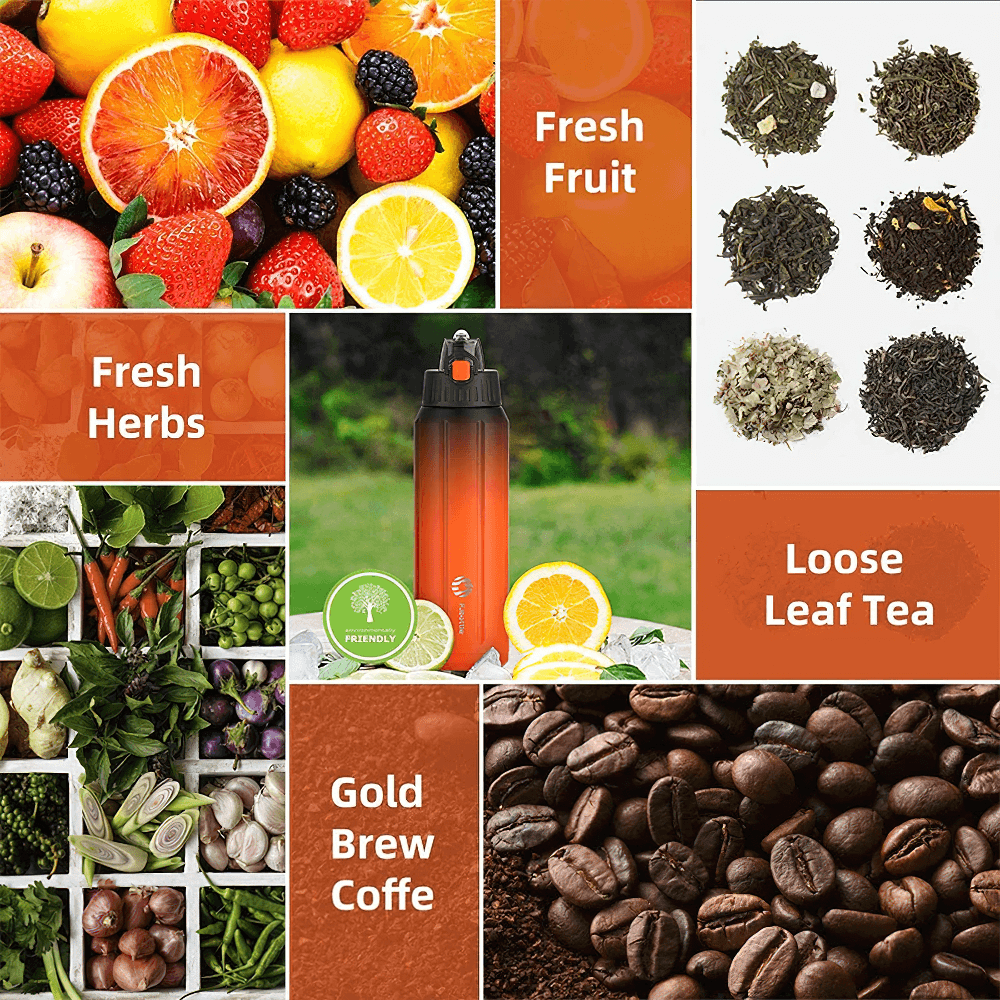 Vibrant sports flask with fresh fruits, herbs, tea, and coffee, showcasing versatility and style for active lifestyles.