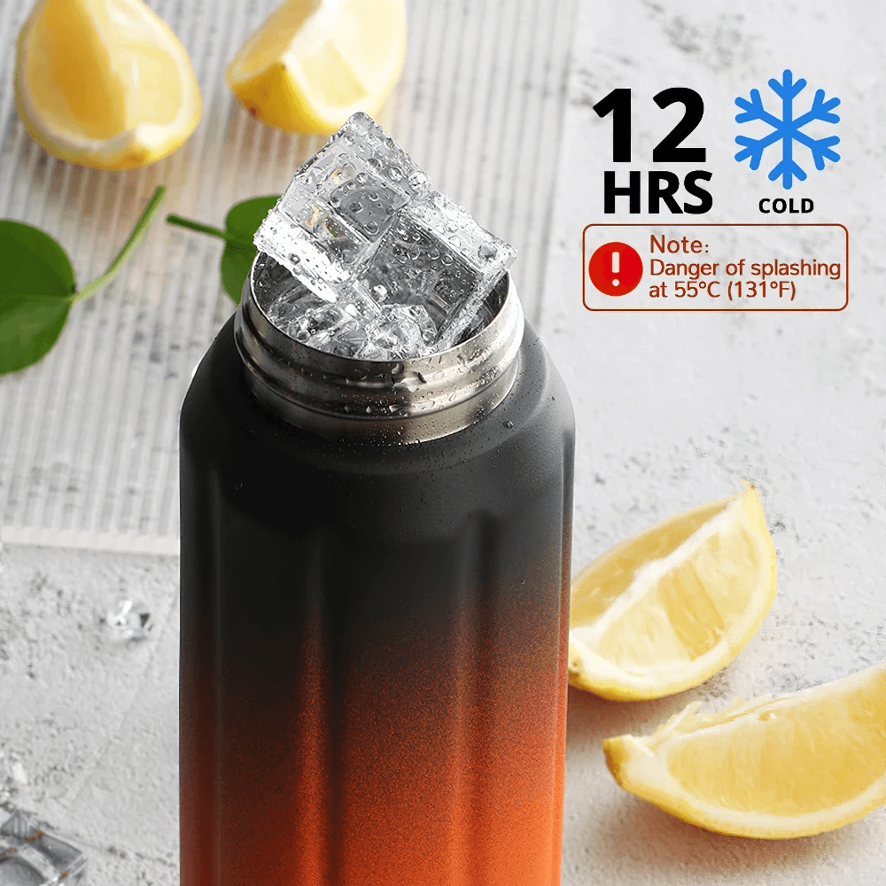 Vibrant 600ml sports flask with ice cubes, keeps drinks cold for 12 hours, surrounded by sliced lemons, perfect for active lifestyles.