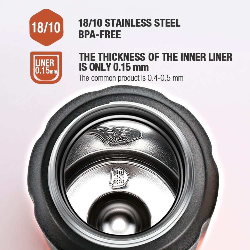 Close-up of the 18/10 stainless steel liner inside a leak-proof sports flask, highlighting its 0.15mm thickness, BPA-free design.