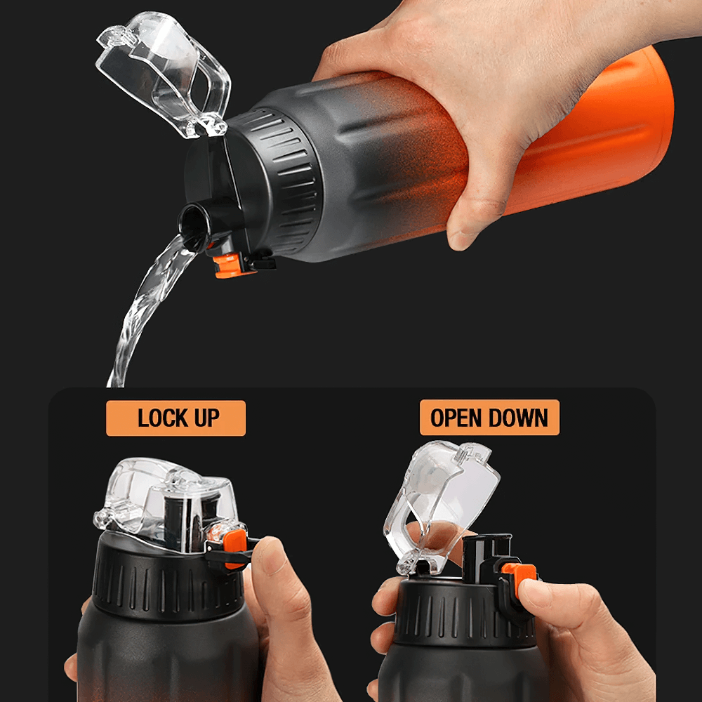 Pouring water from an orange insulated flask with leak-proof lid mechanisms, showcasing lock and open positions.