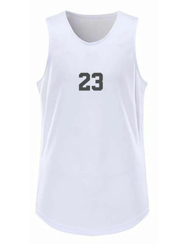 White sleeveless performance tank top with '23' print, ideal for workouts and team sports. SF2184 vibrant athletic jersey.