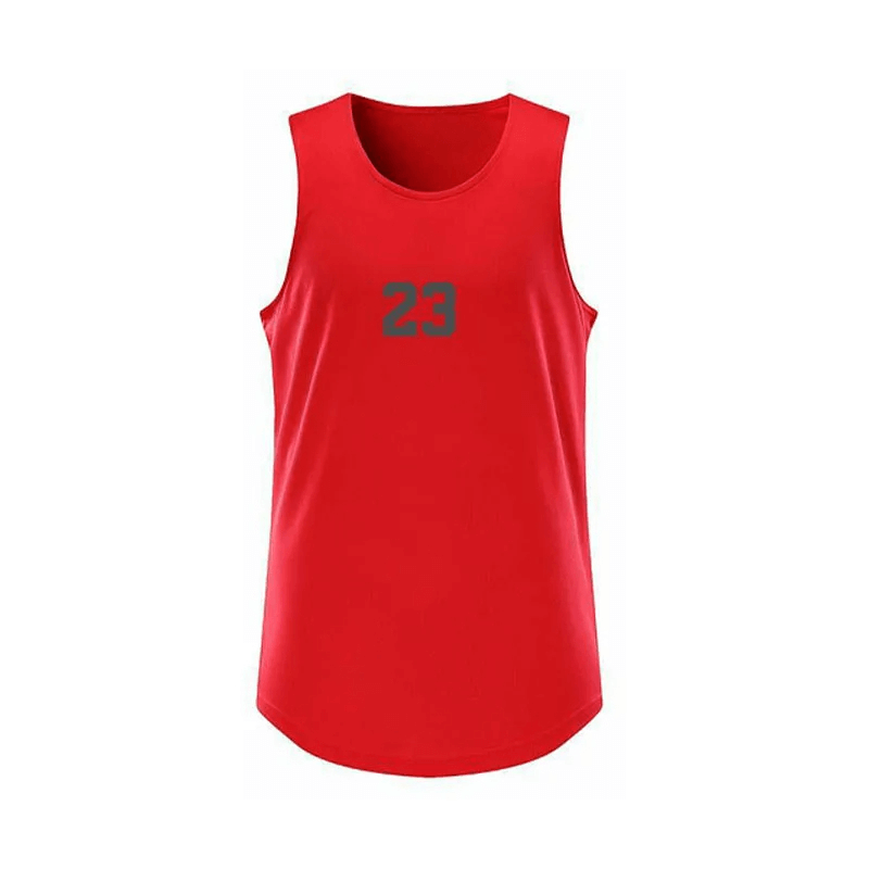 Red sporty sleeveless tank top with bold '23' print, perfect for workouts and team sports. Vibrant and breathable for active days.