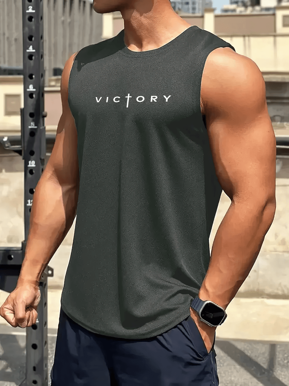 Man wearing Victory Print Gym Tank Top for Fitness and Training - SF4099, featuring bold logo, perfect for workouts and streetwear.