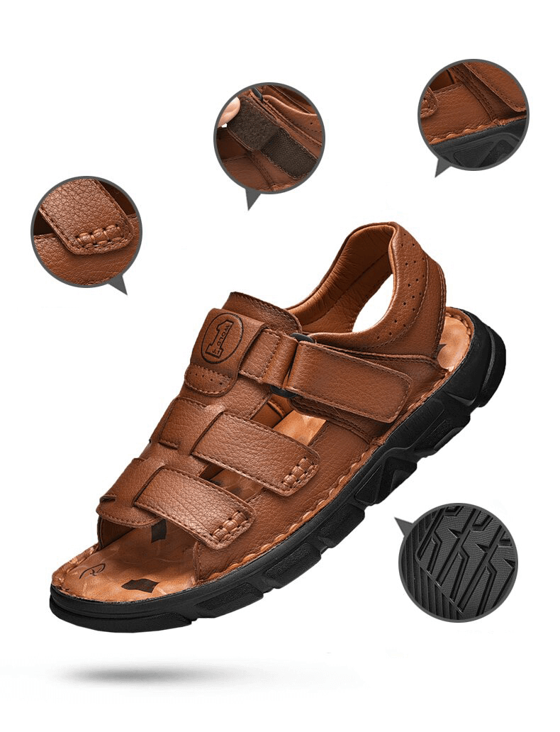 Vintage men's leather sandals, SF1340, with soft bottom and durable rubber outsole for outdoor trekking.