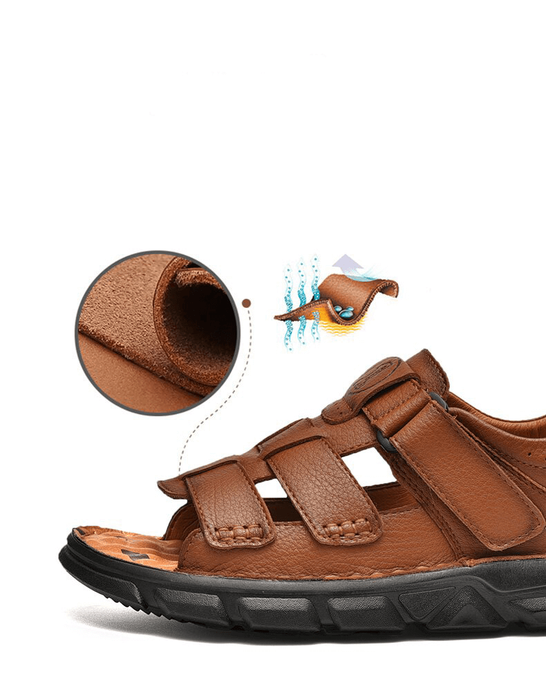 Vintage men's leather sandals with soft bottom and rubber outsole, perfect for outdoor trekking. Detailed view of breathable fabric lining.