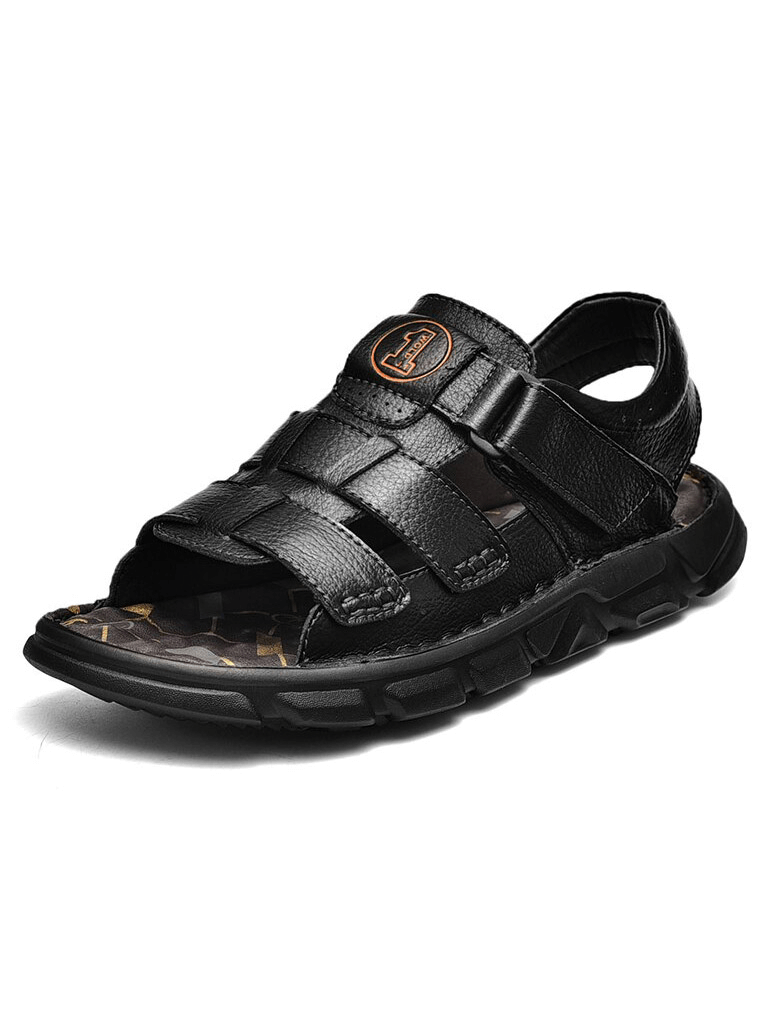 Vintage men's sandals, outdoor trekking footwear in black leather, soft bottom, rubber outsole, breathable, SF1340