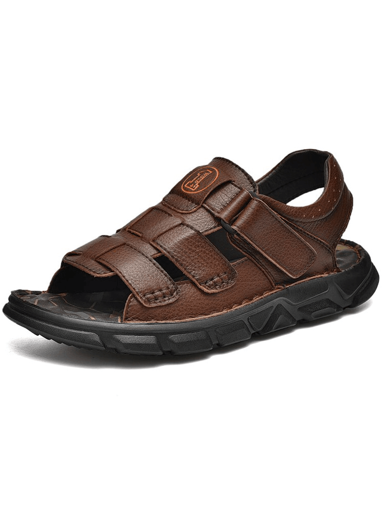 Vintage men's brown leather trekking sandals with soft bottom and rubber outsole for comfort and traction, model SF1340