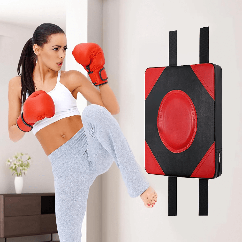 Wall Mounted Boxing Pad SF2723 with fasteners and a woman practicing punches, perfect for home workouts and training.