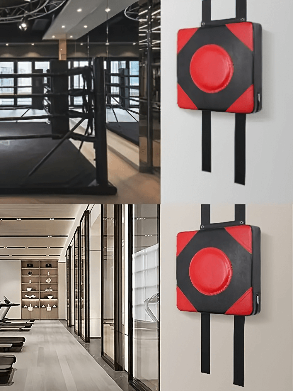 Wall-mounted boxing pad with red and black design, perfect for intense home gym workouts. Easy installation with loop straps.