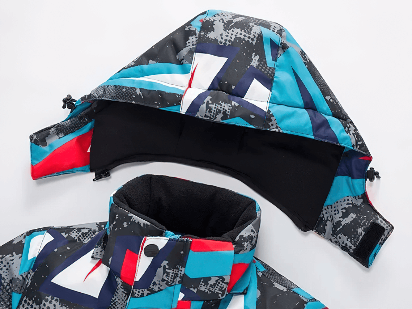 Warm Boys Snow Jacket with Abstract Print - SF3584 featuring colorful geometric pattern and detachable hood for winter sports.