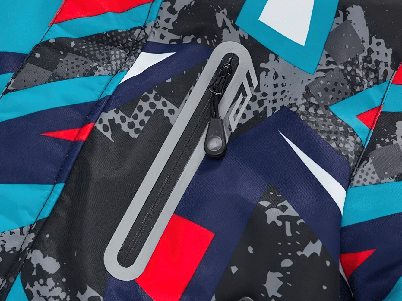 Close-up of Warm Boys Snow Jacket with Abstract Print - SF3584, showcasing colorful waterproof fabric and zipper detail for winter sports.