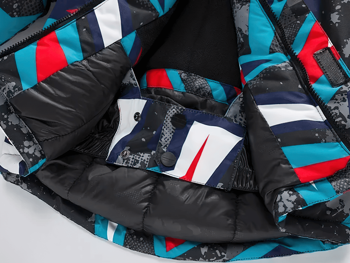 Warm Boys Snow Jacket with Abstract Print - SF3584 showing abstract colorful pattern and insulated interior for skiing or snowboarding.
