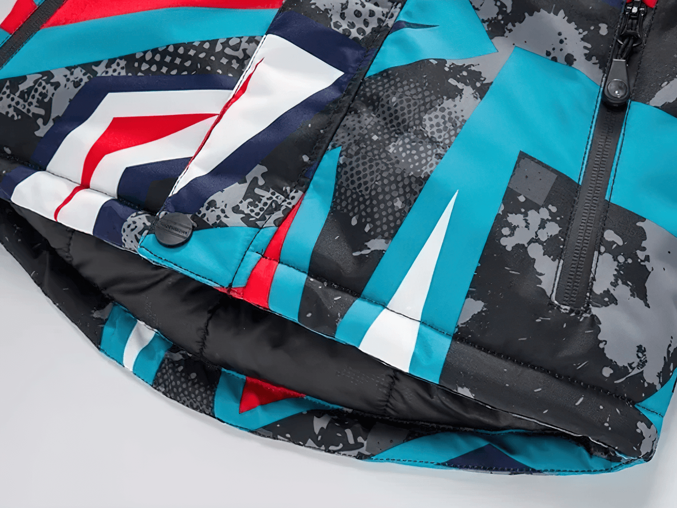 Close-up of Warm Boys Snow Jacket with Abstract Print - SF3584, featuring colorful geometric design perfect for skiing and snowboarding adventures.