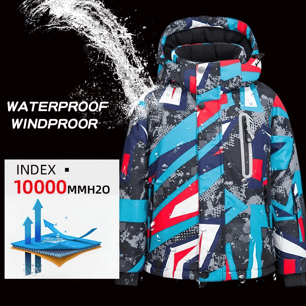 Warm Boys Snow Jacket with Abstract Print - SF3584 waterproof and colorful ski jacket for winter sports, shown in vibrant abstract pattern.