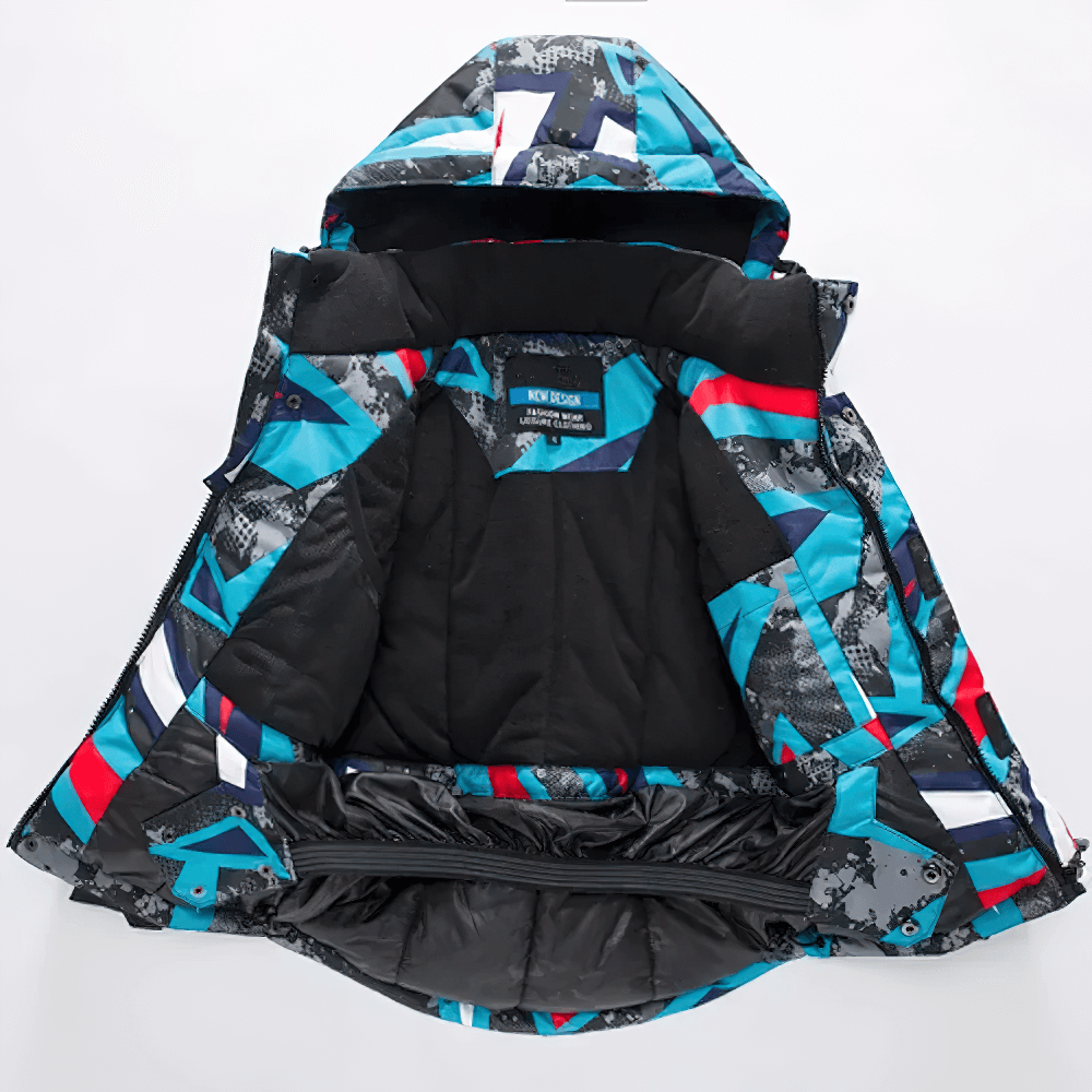 Open view of the Warm Boys Snow Jacket with Abstract Print - SF3584, showcasing colorful design, thermal lining, ideal for skiing and snowboarding.