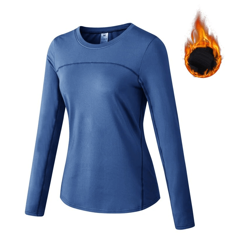 Blue women's sport long sleeve top with breathable, quick-dry fabric, perfect for yoga. Features pilling resistance and warmth.