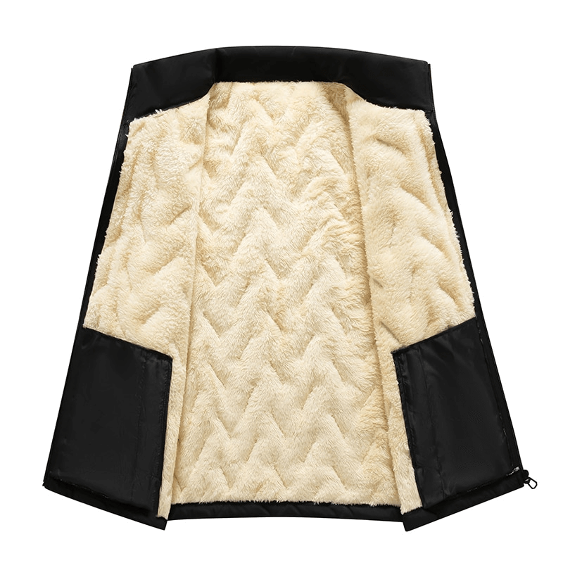 Interior view of male lambswool vest SF1500 with soft cashmere lining and stand collar for warmth and style.