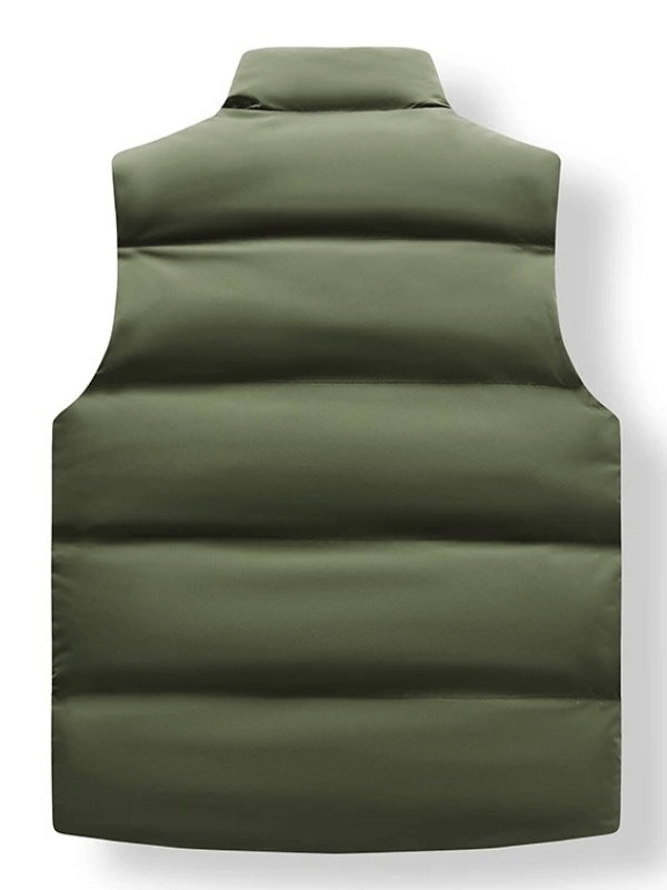Back view of warm casual men's vest with zippered pockets in olive green, polyester material, perfect for everyday style - SF1929.