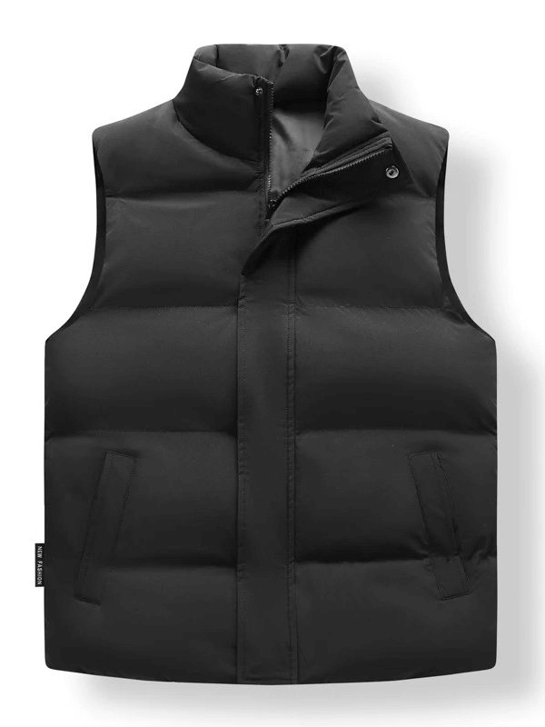 Warm Casual Men’s Vest with Zippered Pockets, polyester, black, front view. Ideal for everyday wear, featuring a solid pattern and zipper closure.