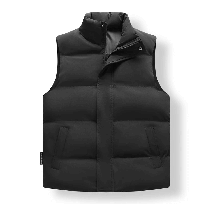 Black warm casual men's vest with zippered pockets, perfect for everyday wear, featuring a zip closure, polyester material.