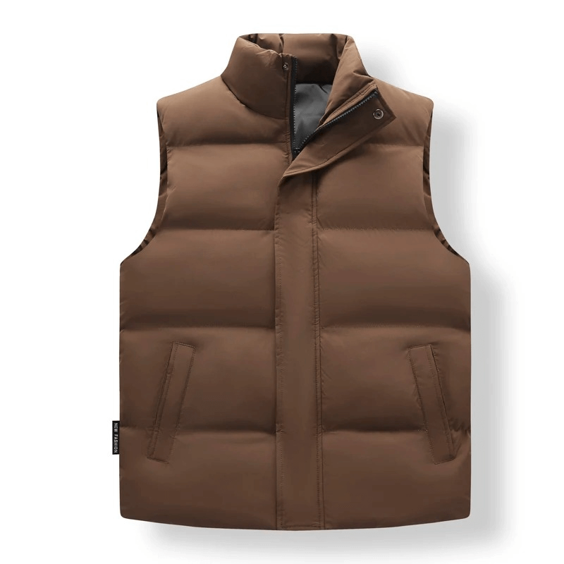 Warm Casual Men's Vest with Zippered Pockets in brown, made of polyester; features a full zipper and two pockets, style SF1929.