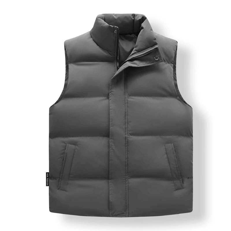 Warm casual men's polyester vest with zippered pockets, perfect for everyday style. No hood, solid pattern, easy zipper closure. Model SF1929.