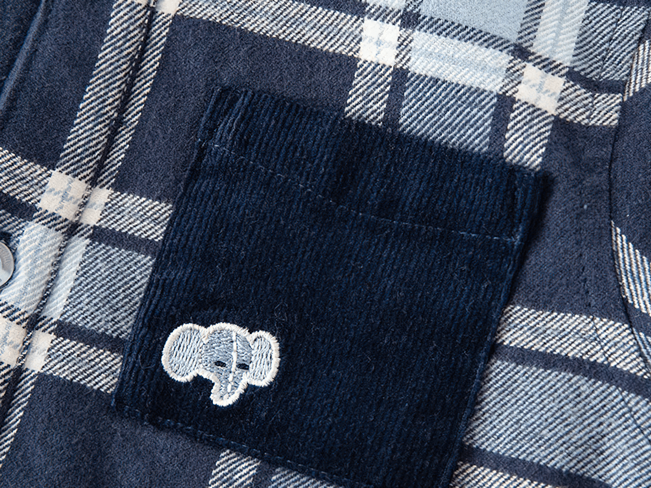 Warm Cotton Plaid Long Sleeves Shirt with Pocket - SF3517 for kids in navy and white with an embroidered elephant detail.