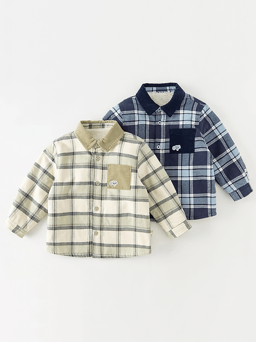 Warm Cotton Plaid Long Sleeves Shirt with Pocket - SF3517 for children, featuring checkered pattern, button front, and chest pocket.