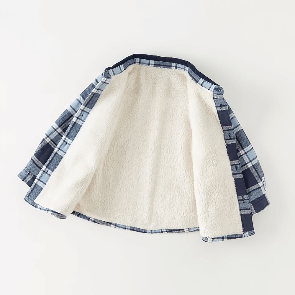 Warm Cotton Plaid Long Sleeves Shirt with Pocket - SF3517, open view showing soft wool lining, ideal children's casual plaid shirt.