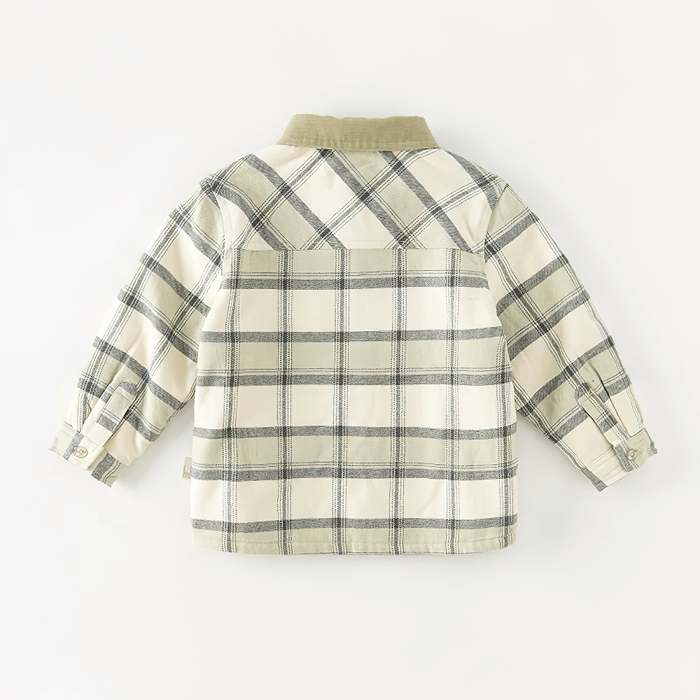 Back view of Warm Cotton Plaid Long Sleeves Shirt with Pocket - SF3517 for kids, featuring a classic checkered pattern and soft fabric.