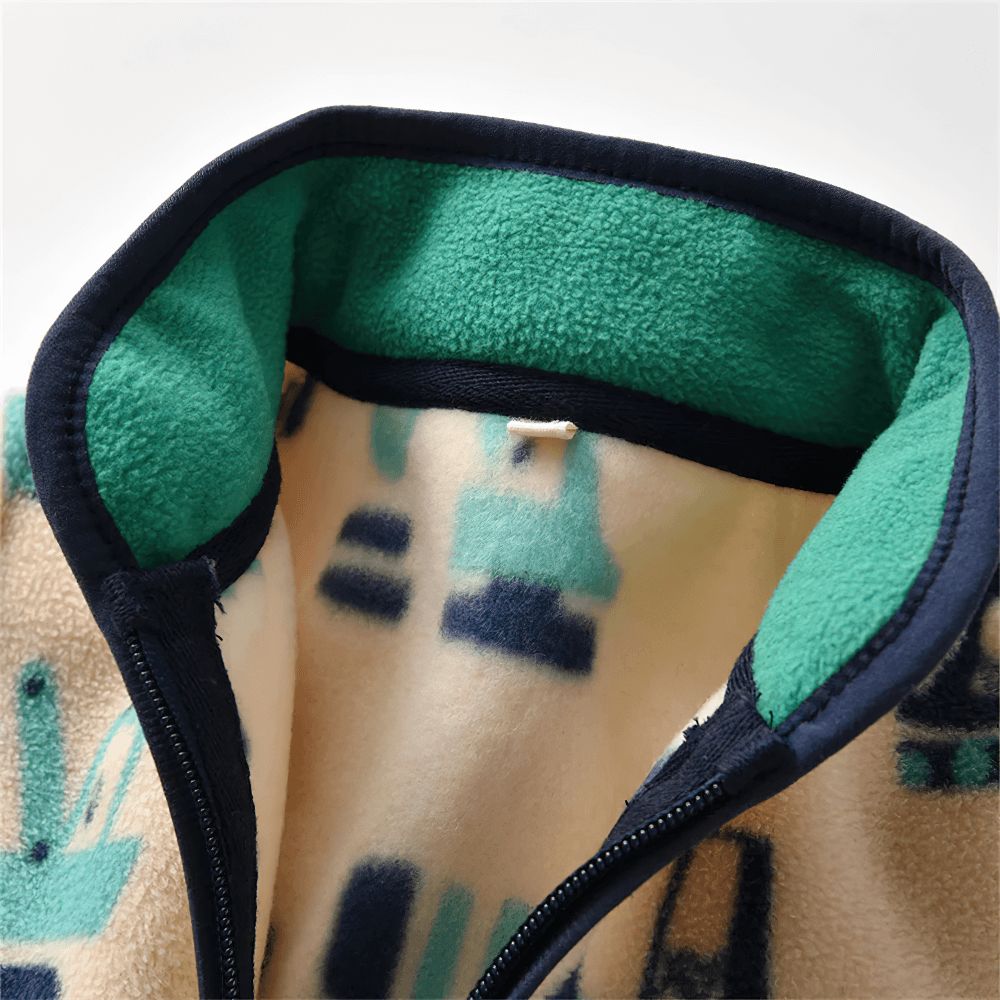 Warm Fleece Jacket for Boys with Zipper Closure - SF3567 featuring fun construction truck print and cozy green interior.