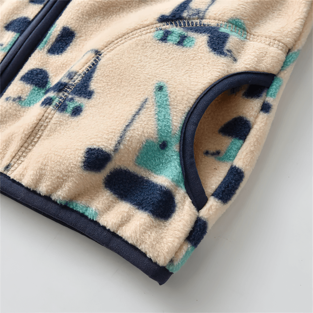 Warm Fleece Jacket for Boys with Zipper Closure - SF3567, featuring a fun construction truck design, shown in close-up detail.