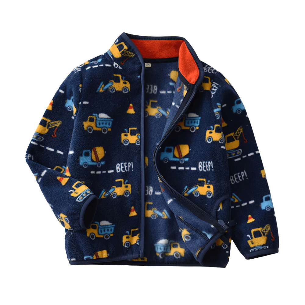 Warm Fleece Jacket for Boys with Zipper Closure - SF3567 featuring a fun construction truck design for adventurous kids.